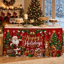Merry Christmas Table Skirt, Printed With Santa Claus, Reindeer And Gift Patterns, Red Holiday Polyester Tablecloth, Suitable For Christmas Party, Family Gathering, Dessert Table, Classroom And Winter Home Decor - A - View 3