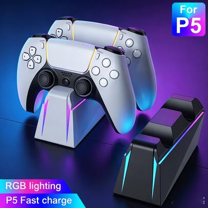 Base de carga rápida RGB 2H, compatible con mando P5, admite carga dual de 2 mandos, luz ambiental degradada, interfaz USB-C, múltiples fuentes de alimentación, material ABS, color negro, perfecto para entusiastas de RGB y jugadores nocturnos que odian el desorden de cables