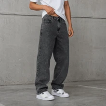 Men's Premium Graphite Straight Baggy Jeans Streetwear Rapper Skater Style Loose Fit - Grey - View 3