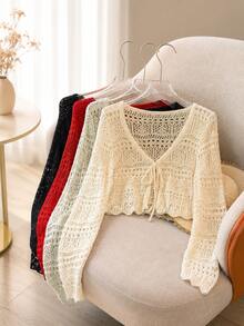V-Neck Drawstring Hollow Crochet Knit Short Cover Up, Summer Lightweight Sun Protection Cover-Up, Vacation Style Flare Sleeve Outerwear, Air Conditioning Shawl - Multicolor - View 4