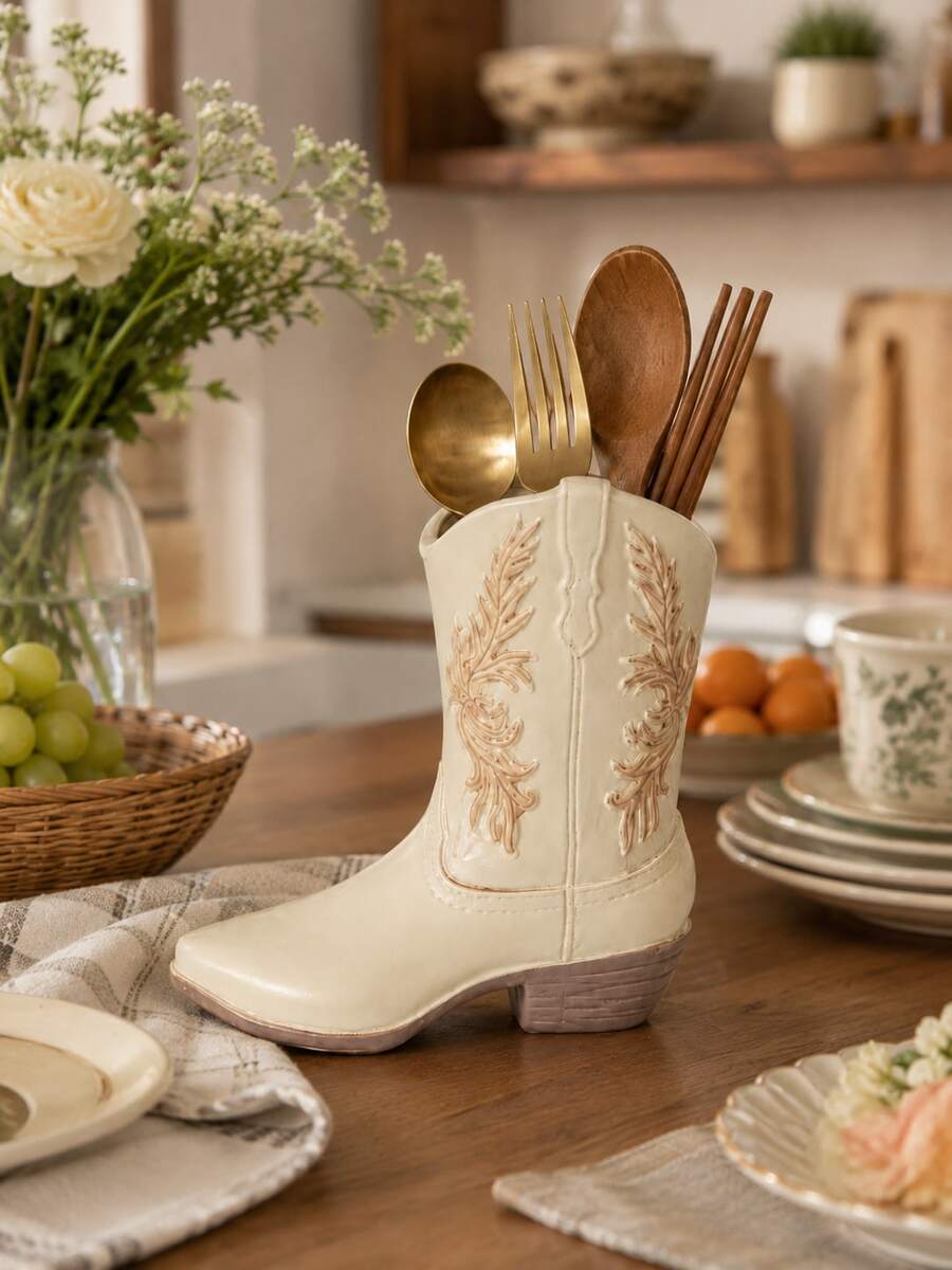 1pc Western Cowboy Boot Shaped Utensil Holder, Vintage Cream Color Kitchen Countertop Utensil Organizer, Spoon Fork Chopstick Utensil Storage Bucket, Country Farmhouse Style Kitchen Decor, Western Home Decor, Kitchen Essentials - Multicolor - View 1