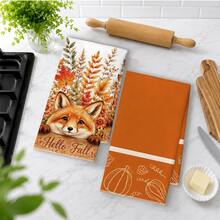 2PCS Kitchen Towel, Autumn Fox Pattern, 40*60cm Rectangular Microfiber Kitchen Towel, Dish Cloth, Tablecloth, Hand Towel, Kitchen Decor, Home Decor, Housewarming Gift For Neighbors, Kitchen Napkin And Dish Cloth, Home Decor, Gift, Perfect For Kitchen And Bathroom Use - Coral Orange - View 5
