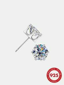 【奢華立方鋯石純銀】1對 0.6ct&1ct&2ct&3ct&4ct&6ct 白金鍍層 S925 銀 CZ 圓耳釘，經典單鑽款，低過敏 - 白鑽 - 查看 12