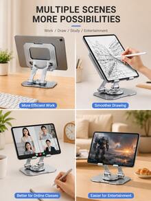1pc 360° Rotating Adjustable Tablet Stand, Foldable Height Adjustable Desktop Phone And Tablet Holder, Multi-Angle Metal Stand, Compatible With IPad, Smartphones, Home Office, Reading And Video Calls - Rotating Flat Stand YIN - View 3