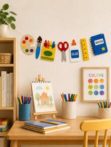 1pc Back To School Art Decor Hanging Banner, Palette Paintbrush Crayon Scissors Glue Bottle Ruler Sketchbook Hollow Hanging Sign, Foldable Lightweight Wall Decoration, Suitable For Art Classroom Library Study Office First Day Of School Indoor Party Wall Decor - J - View 3