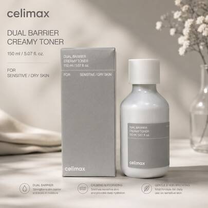 Celimax Dual Barrier Creamy Toner 150ml, Korean Skincare Facial Toner For Sensitive Dry Skin, Hydrating Barrier Repair Toner, Moisturizing Soothing Essence Lotion For Healthy Glowing Skin