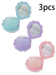 3pcs/1pc Shell Air Cushion Scalp Massage Comb, Portable Shell Comb For Female Students, Foldable Comb, Multicolor With Built-In Mirror - Multicolor - View 13