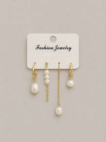 4pcs/Set Fashion Brass KC Gold Plated Baroque Pearl Earrings, Suitable For Daily Wear - Gold - View 3