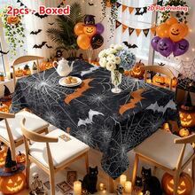 1/2pcs Halloween Tablecloth, Halloween Theme Polyester Fabric Tablecloth With Orange & White Bat Spider Web Pattern, Black Textured Background, Suitable For Dining Table, Coffee Table, Kitchen, Picnic, Camping, Country Farmhouse Decor, Holiday Tabletop Protection - Multicolor - View 10