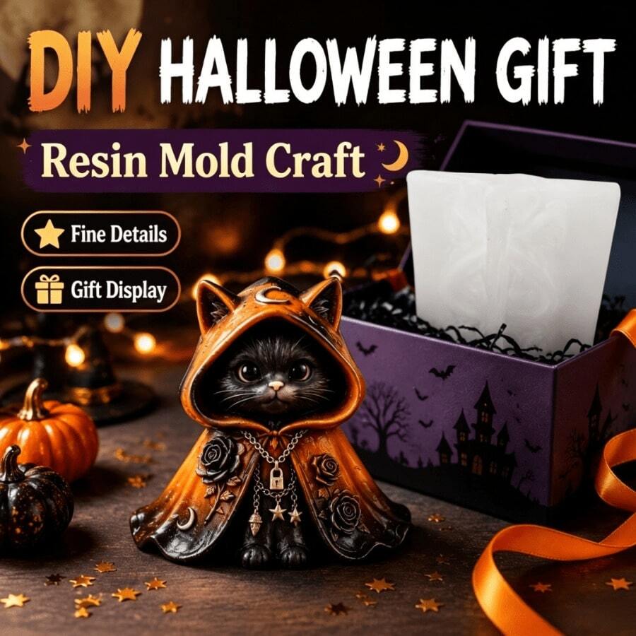 Halloween Wizard Black Cat Clay Silicone Mold, 3D Gothic Cloak Cat Figurine Casting Mold, Multipurpose DIY Craft Molds For Epoxy Resin, Plaster, Air Dry Clay, Scented Candle, Soap, Witchy Home Tabletop Ornament Making Supplies - They Are Selling Molds. - View 1