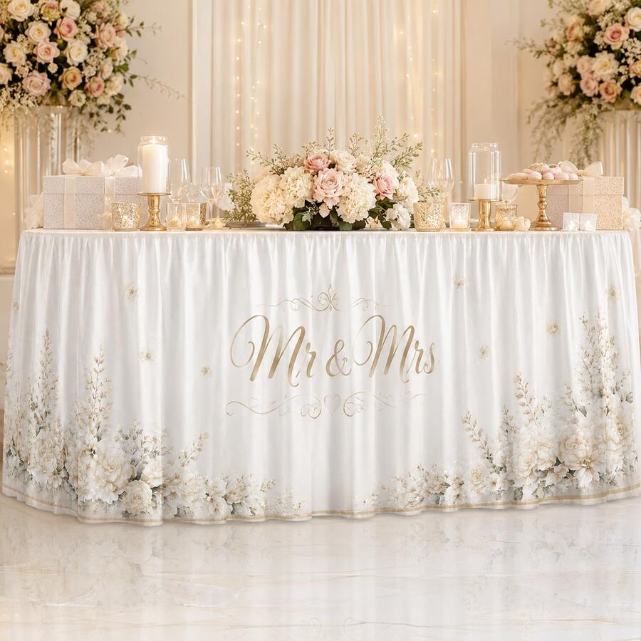 Mr And Mrs Wedding Table Skirt With White Floral Print, Elegant Polyester Table Cover For Wedding Reception, Bridal Shower, Sweetheart Table, Dessert Table Decoration And Romantic Event Decor - A - View 1