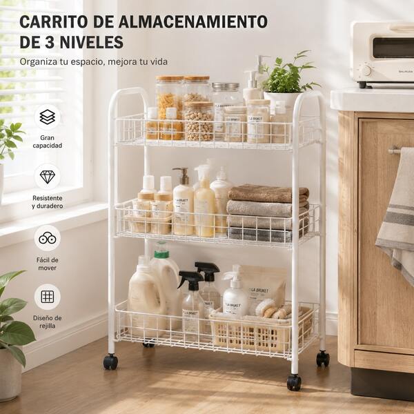 Kynley Carrinho Organizador com Rodinhas, Prateleira Metálica de 2/3/4 Níveis, Carrinho Utilitário Multiuso para Banheiro, Cozinha, Lavanderia e Quarto, Branco
