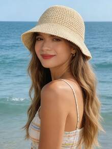 Unisex Straw Bucket Hat, Wide Brim Sun Hat For Summer, Handmade Crochet Beach Hat, Breathable Travel Hat, Suitable For Outdoor, Vacation, Daily Wear - A - View 2