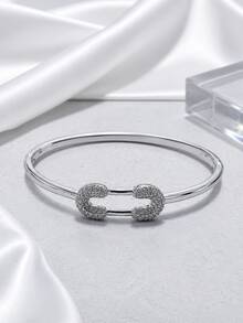 1pc Women's Double C Geometric Buckle Rhinestone Open Cuff Bracelet, Luxury Minimalist Thin Bangle, Versatile Accessory For Daily Commute, Dating And Party - S63178-w - View 3