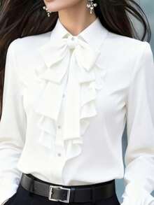 Plus Size White Bowknot Shirt With Bow And Ruffle Trim, Long Sleeve Regular Fit - White - View 3