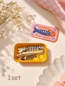 1 Set Vintage Sardine Mini Jewelry Storage Box, Earring Ring Necklace Compartment Storage, Portable Earring Box, Mini Jewelry Storage Box, Portable Ring Storage Box, Cartoon Fish Bone Jewelry Box, Travel Small Jewelry Storage Box - Multicolor - View 2
