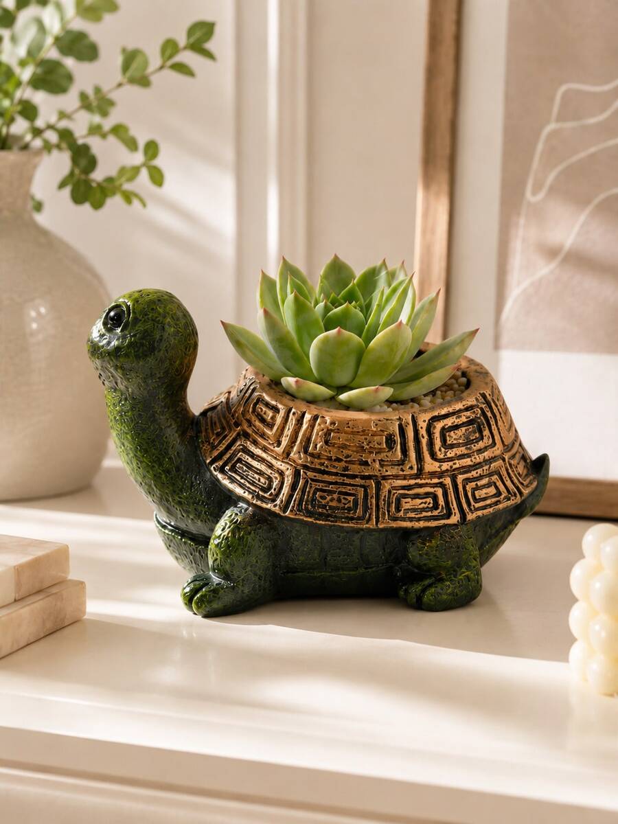 1pc Turtle Shaped Succulent Planter, Resin Animal Planter, Mini Desk Decor For Home & Office - Multicolor - View 1