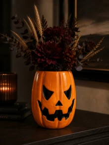 1pc Halloween Pumpkin Face Flower Vase, Glossy Spooky Decorative Vase For Living Room, Mantel, Tabletop & Fall Home Decor - A - View 3