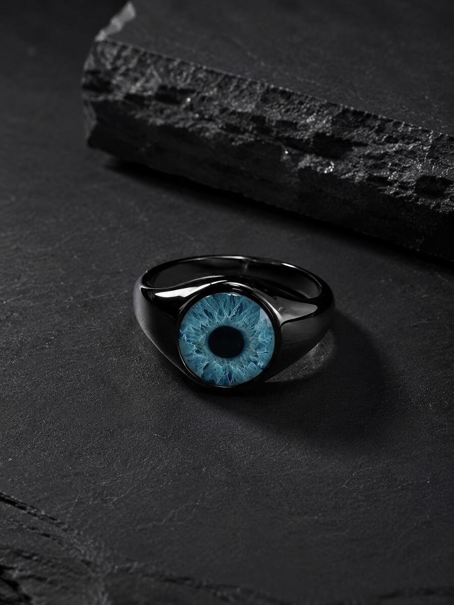 1pc Punk Style Eye Eyeball Element Stainless Steel Black Silver Cast Ring For Men, Jewelry Accessory, Halloween, Vintage - RC776-02 - View 1
