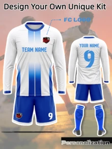 2pcs/Set Customized Vertical Striped Long Sleeve Soccer Jersey Set, Includes Top And Shorts, White And Blue Gradient Fresh Color Scheme, Customizable Content On Both Front And Back, Free To Modify Player Name, Jersey Number, And Custom Team Logo, Comfortable Fabric, Suitable For Soccer Matches, Daily Training, Team Building Activities And Casual Daily Wear, Preferred Choice For Team Procurement, Create Exclusive Team Match Gear, 2026 Soccer Project - White - View 1