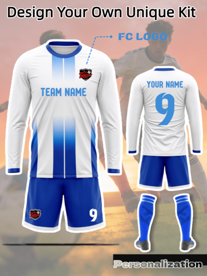 2pcs/Set Customized Vertical Striped Long Sleeve Soccer Jersey Set, Includes Top And Shorts, White And Blue Gradient Fresh Color Scheme, Customizable Content On Both Front And Back, Free To Modify Player Name, Jersey Number, And Custom Team Logo, Comfortable Fabric, Suitable For Soccer Matches, Daily Training, Team Building Activities And Casual Daily Wear, Preferred Choice For Team Procurement, Create Exclusive Team Match Gear, 2026 Soccer Project