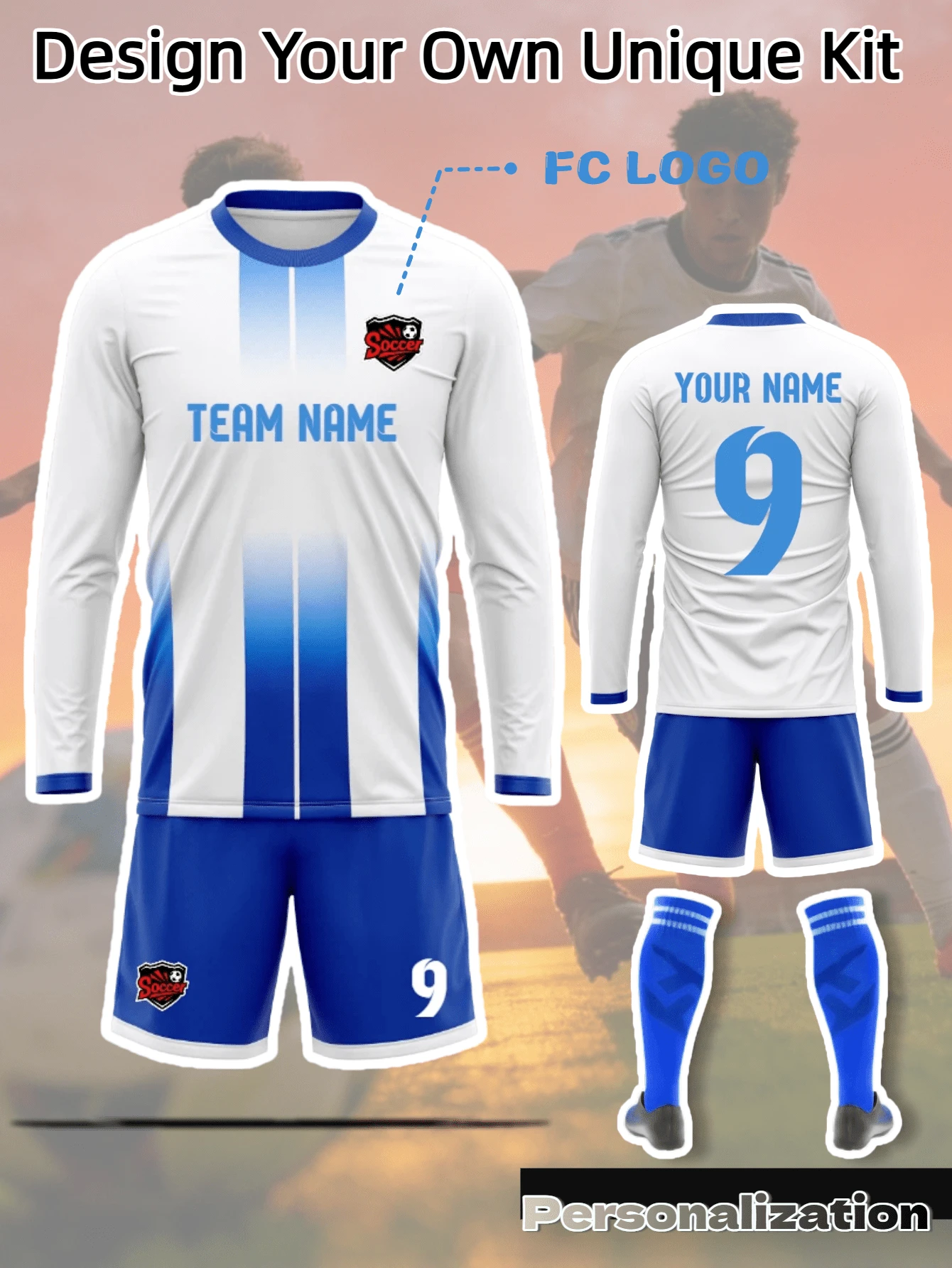 2pcs/Set Customized Vertical Striped Long Sleeve Soccer Jersey Set, Includes Top And Shorts, White And Blue Gradient Fresh Color Scheme, Customizable Content On Both Front And Back, Free To Modify Player Name, Jersey Number, And Custom Team Logo, Comfortable Fabric, Suitable For Soccer Matches, Daily Training, Team Building Activities And Casual Daily Wear, Preferred Choice For Team Procurement, Create Exclusive Team Match Gear, 2026 Soccer Project - White - View 1