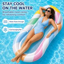 Colorful Striped Inflatable Pool Float With Headrest, Mesh Water Hammock Lounger, PVC Swimming Pool Floating Bed Raft For Summer Beach Pool Party - A - View 5
