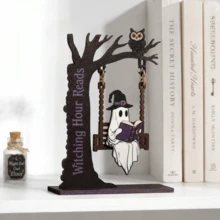 Halloween Ghost Swing Ornament, Wooden Ghost Figurine, Can Be Placed On Bookshelf, Desk Or Book Corner, Create Party Atmosphere. - C - View 6