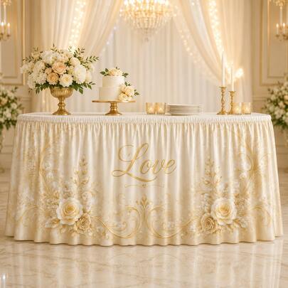 Elegant Ivory Gold Table Skirt With Love Letter And Floral Print, Wedding Reception Decoration, Luxury Polyester Table Cover For Bridal Shower, Engagement Party, Dessert Table And Anniversary Decor