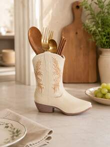 1pc Western Cowboy Boot Shaped Utensil Holder, Vintage Cream Color Kitchen Countertop Utensil Organizer, Spoon Fork Chopstick Utensil Storage Bucket, Country Farmhouse Style Kitchen Decor, Western Home Decor, Kitchen Essentials - Multicolor - View 4
