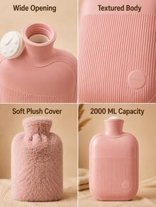 2000ml PVC Hot Water Bottle, Reusable Rubber Water Injection Hand Warmer, Long Lasting Warmth Heating Pad For Winter Hand Waist Abdomen Bed Warm Home Use, Explosion-Proof Design With Cute Plush Cover - Multi-color - View 8