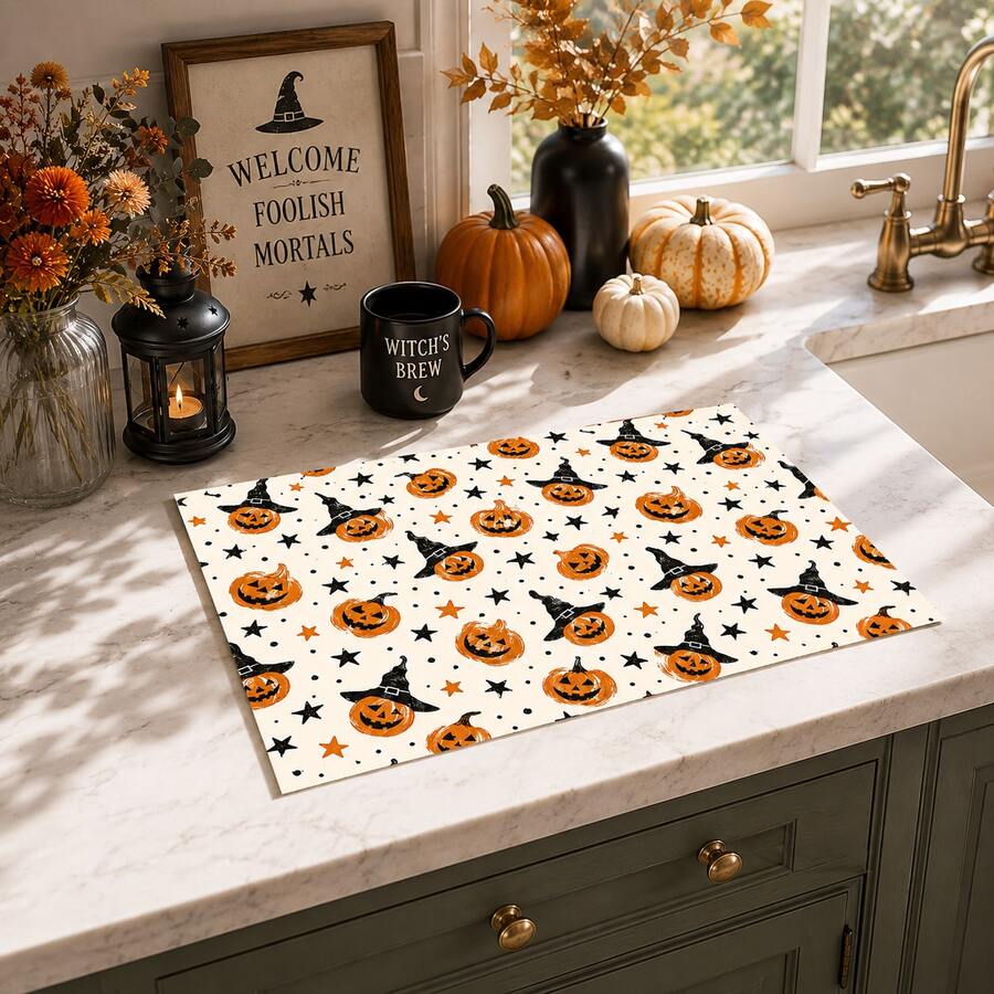 1pc Pumpkin Pattern Printed Diatomaceous Earth Kitchen Drain Mat, Halloween, Can Be Used As Halloween Gift, Halloween Decoration, Absorbent Dish Drying Mat, Coffee Machine Mat, Dishwashing Mat, Sink Mat, Kitchen Countertop Protection Mat, Suitable For Cups, Plates, Tableware And Kitchen Decoration - Multicolor - View 1