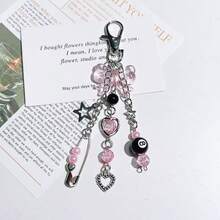 Cross-Border New Niche Personalized Minimalist Style Billiard Pin Beaded Heart Chain Pendant Hanging Chain Black Pink Bow Keychain - Multicolor - View 5
