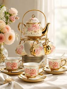 20-Piece European Porcelain Tea Set With Metal Stand & Pink Flower Painting - Elegant Tea Service For Adults, Ideal Gift For Spring Outing, Easter Party & Home Decor (Large) - Pink Gold - View 13