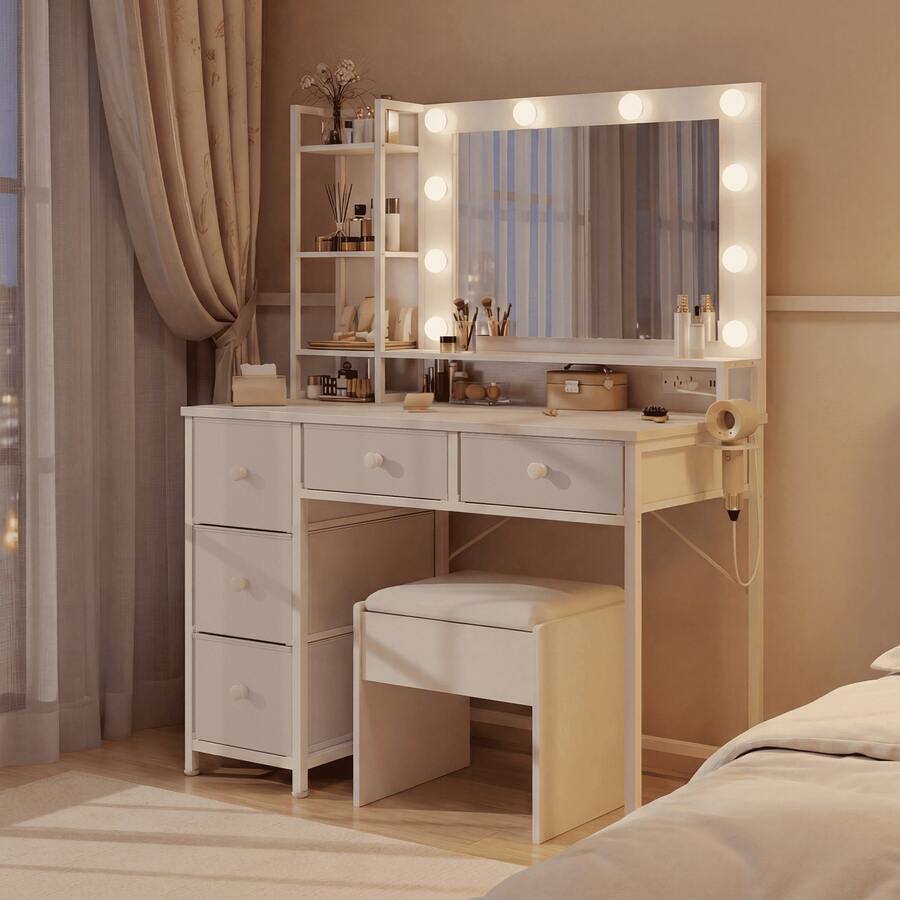 Vanity Desk With Mirror & 3 Color Modes Adjustable Brightness, Makeup Vanitys With 5 Fabric Drawers & Power Outlets & Hair Dryer Rack For Bedroom, White - White - View 1