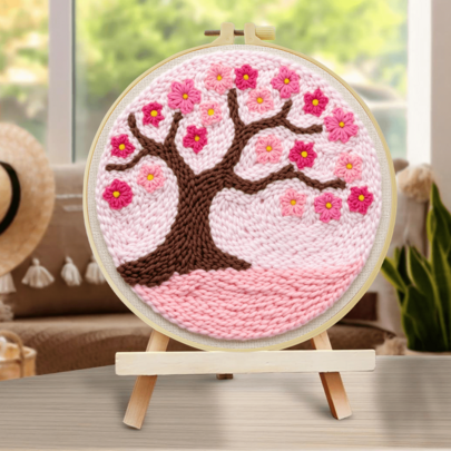 2D Beginner Punch Needle Embroidery Kit With Frame, Pink Tree Theme ,20*20cm/7.9*7.9in Pre-Printed Pattern DIY Punch Needle Set, Complete Yarn & Punch Tool Kit, Handmade Wall Decor For Living Room Bedroom, Ideal Birthday Gift