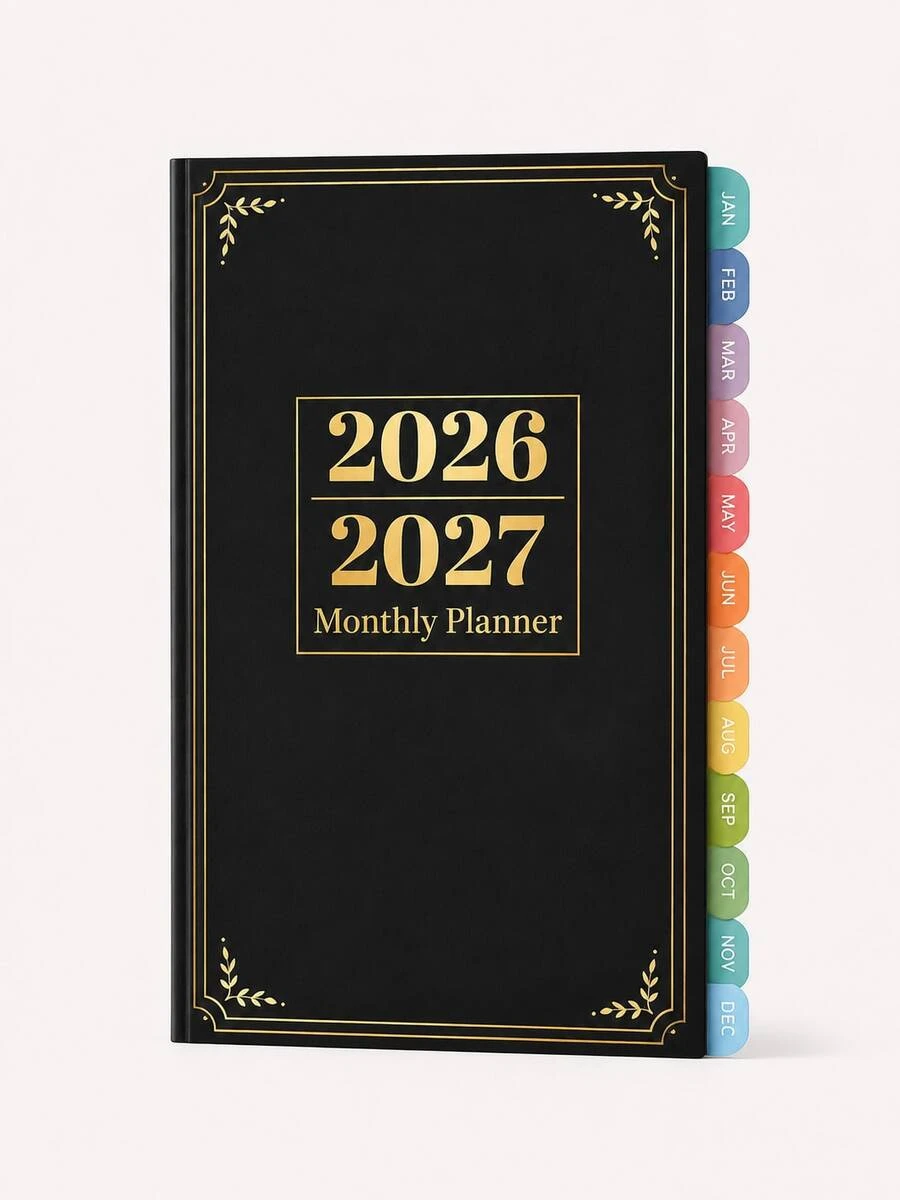 BUBU 2026-2027 A6 週計畫與月計畫手帳本,附彩色索引分頁標籤、筆記頁與優先順序管理,年度規劃校園用品辦公用品 - 黑色 - 查看 1
