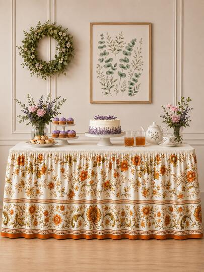 1pc Orange Vintage Floral Print Table Skirt, Rustic Farmhouse Pleated Table Skirting For Fall Thanksgiving Harvest Party, Wedding, Buffet Dessert Table, Dining Room & Home Decor