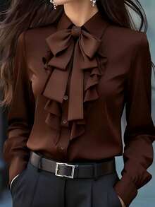 Plus Size Brown Bowtie Shirt With Bow And Ruffle Decor, Long Sleeve Regular Fit Top - Brown - View 3