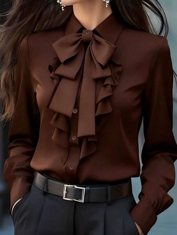 Plus Size Brown Bowtie Shirt With Bow And Ruffle Decor, Long Sleeve Regular Fit Top - Brown - View 3