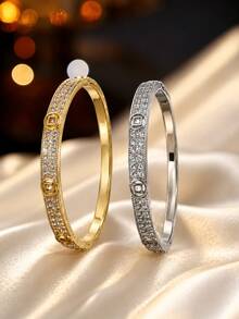 1pc Women's Fashion Luxury Fully Pave Cubic Zirconia Snap Bracelet, Vintage Geometric Symbol Design, High-End Daily Commute Wristband - Bracelet - View 5