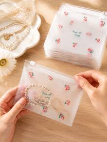 100 Pcs Creative Cherry-Print Transparent Frosted Zipper Storage Bag, Portable Jewelry And Small Accessories Organizer Pouch, Waterproof Frosted Travel Storage Bag For Earrings, Rings,Cosmetics,Home And Travel Use,New Year,Back To School Gift - Multicolor - View 5