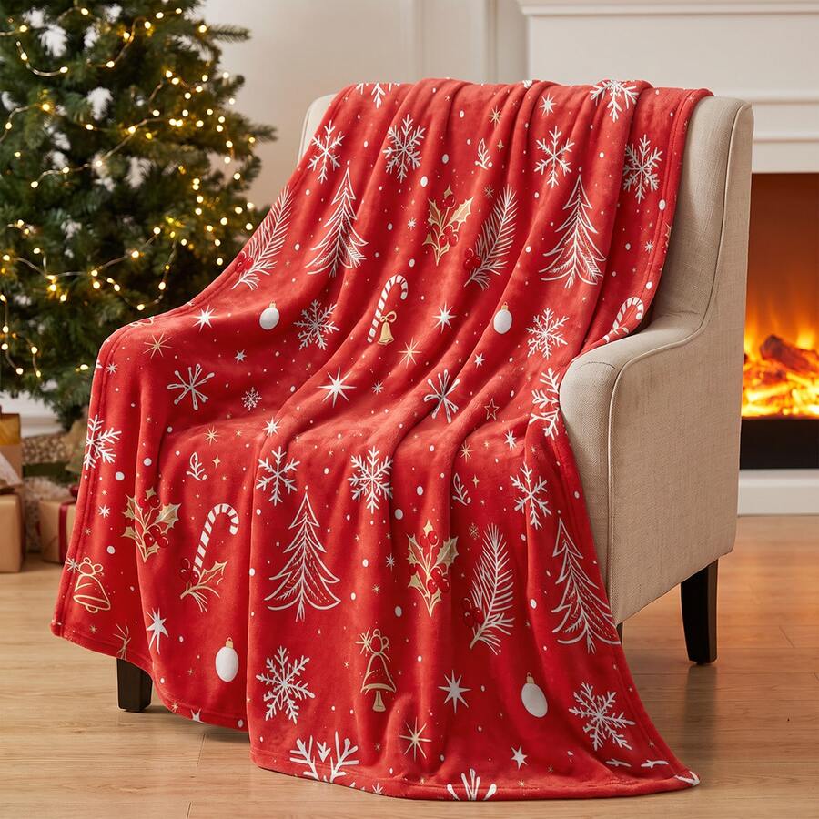 1pc Soft & Comfortable Modern Flannel Christmas Nap Blanket, Red Background With Christmas Tree, Deer, Snowflake, Snowman - Polyester Nap Blanket - Digital Print Technology, Suitable For Sofa, Bed, Travel, Office, Home Decor - Multicolor - View 1