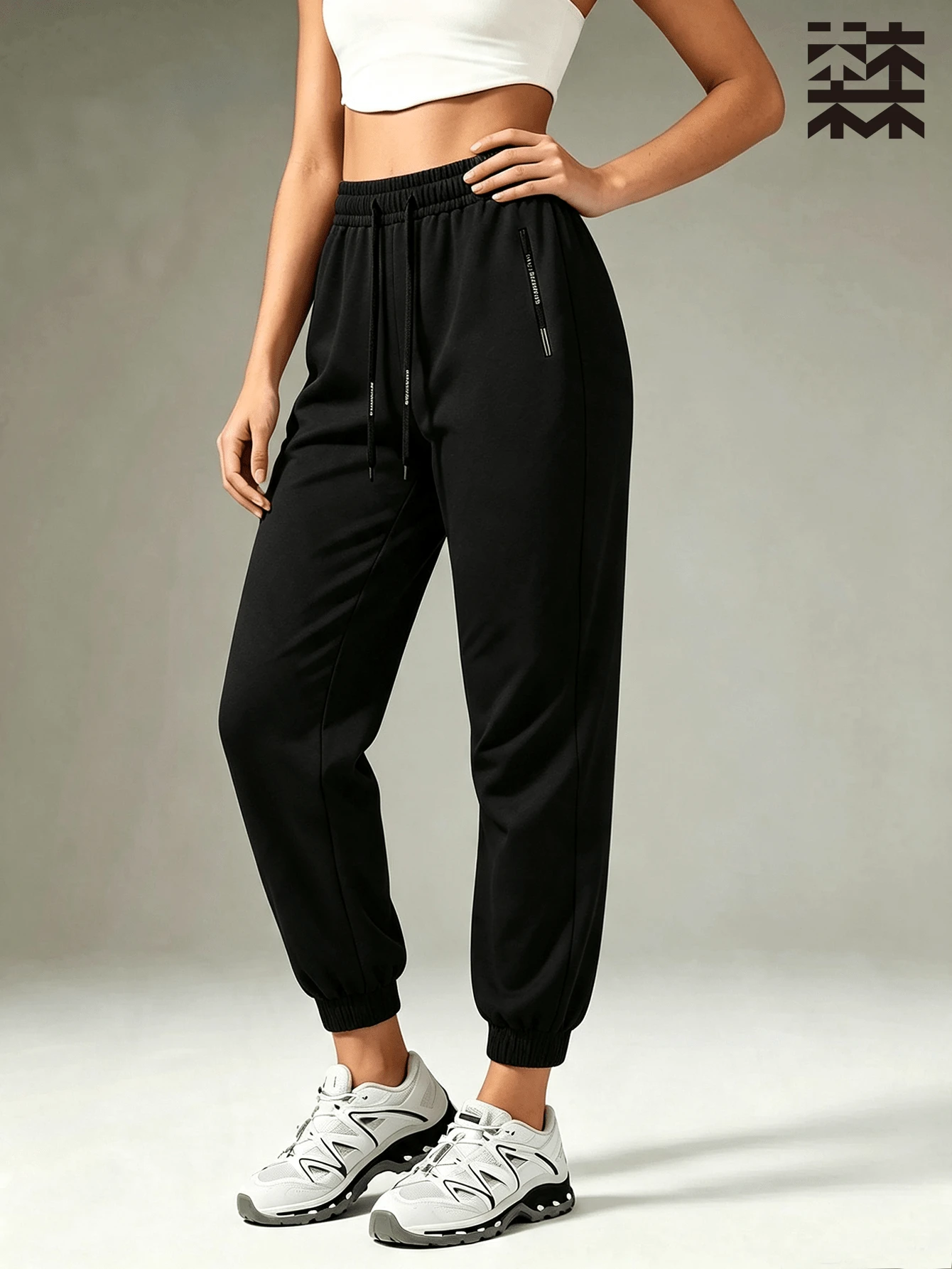 mulinsen Women's Cuffed Athletic Pants, Dual Drawstring Side Webbing Decor Loose Slimming Solid Color Casual Cuffed Long Pants, Suitable For Sports, Fitness, Commuting, Daily Wear - Black - View 1