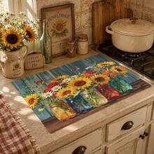 1pc Sunflower Floral Pattern Absorbent Drying Mat, Kitchen Decor Coffee Machine Mat, Laundry Room Accessory Handmade Coffee Pot Drip Tray, Kitchen Floor Mat, Dining Table Mat, Kitchen Countertop Dish Drying Mat, Breakfast Mat, Heat-Resistant Drip Tray With Non-Slip Pad, Diatomaceous Earth Drip Tray, Stain-Hiding, Super Absorbent Kitchen Drip Tray, Easy-To-Clean Dish Rack Mat, Perfect For Kitchen, Dining Table, Coffee Shop, Bar, Holiday, Party, Home Decor, Holiday Gift - Multicolor - View 2
