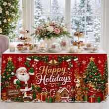 Merry Christmas Table Skirt, Printed With Santa Claus, Reindeer And Gift Patterns, Red Holiday Polyester Tablecloth, Suitable For Christmas Party, Family Gathering, Dessert Table, Classroom And Winter Home Decor - A - View 5