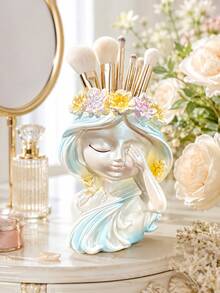 1pc Cute Girl Makeup Brush Holder, Resin Flower Crown Cosmetic Organizer, Kawaii Vanity Storage Cup For Makeup Brushes, Lipstick And Beauty Tools, Dresser, Bedroom, Bathroom Countertop, Desk Decor, Aesthetic Room Decor, Gift For Women And Girls - View 4