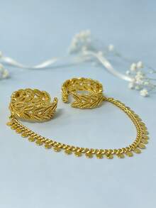 1pc Double-Split Wheat Ear & Leaf Connected Finger Ring, Minimalist Luxury Elegant Design - Gold - View 4