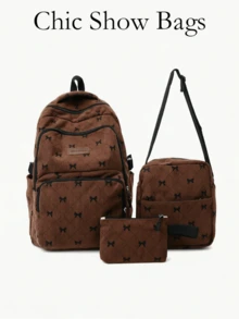 3pcs Backpack Set, Large Backpack + Crossbody Bag + Coin Purse, Bow Pattern, Soft Fabric, Adjustable Shoulder Strap, Large Capacity Campus Daily Commute Student Bag - Brown - View 7