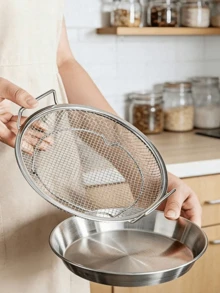 Haus Hana 1pc/2pcs Saringan Minyak Stainless Steel, Keranjang Penyaring Minyak Goreng Jaring Halus dengan Pegangan Ganda, Rak Pengeringan Penyaring Minyak Gaya Bingkai, Keranjang Penyaring Goreng Bulat, Cocok untuk Sayap Ayam - Set dua potong - View 2
